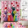4 Valentine's Day Romantic Love Cartoon Cat Print Bathroom Set 180x180 Waterproof Shower Curtain Floor Mat U-shaped Toilet Mat