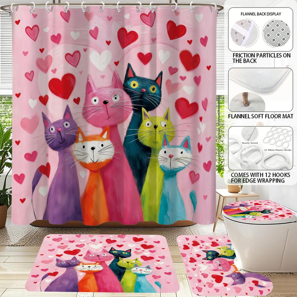 4 Valentine's Day Romantic Love Cartoon Cat Print Bathroom Set 180x180 Waterproof Shower Curtain Floor Mat U-shaped Toilet Mat