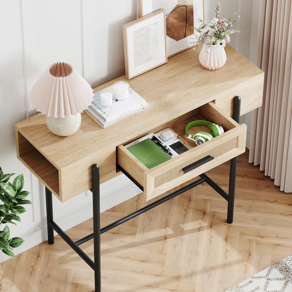 Rattan Console Table Rustic Sofa Tables Narrow Entryway Table with Drawer Storage Home Furniture for Living Room Bedroom Hallway