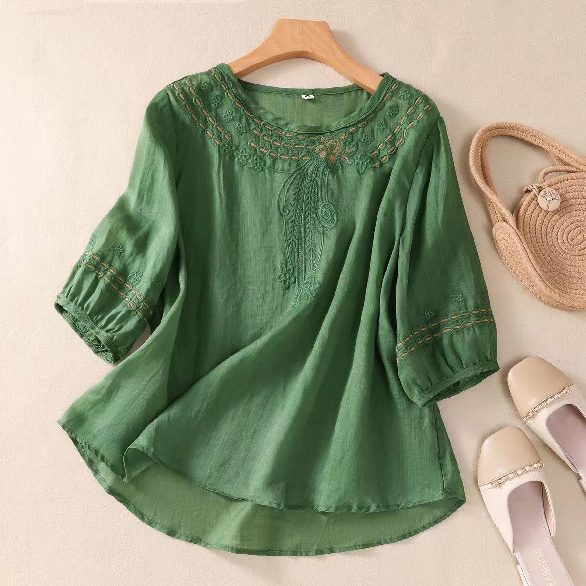 

Жіночі літні вінтажні бавовняні лляні вишиті сорочки негабаритні вільні топи з круглим вирізом футболки XL зелений