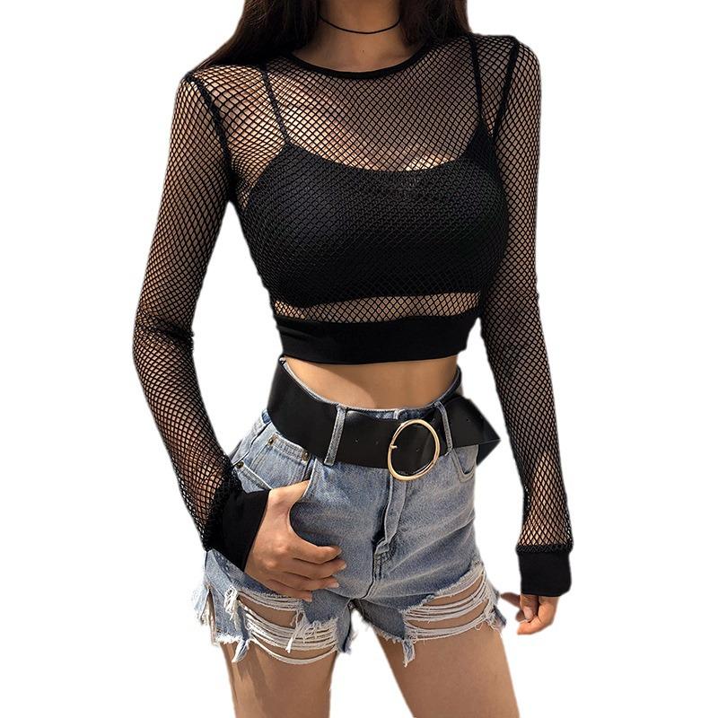 2021 Summer Women's European & American Fashion Solid Color Mesh Hollow-Out T-shirt Top.