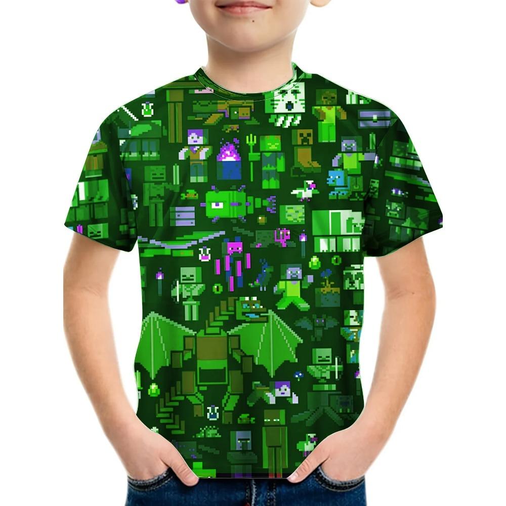 Tricou cu mânecă scurtă și gât rotund pentru băieți, imprimat 3D cu model arhitectural creativ pentru copii