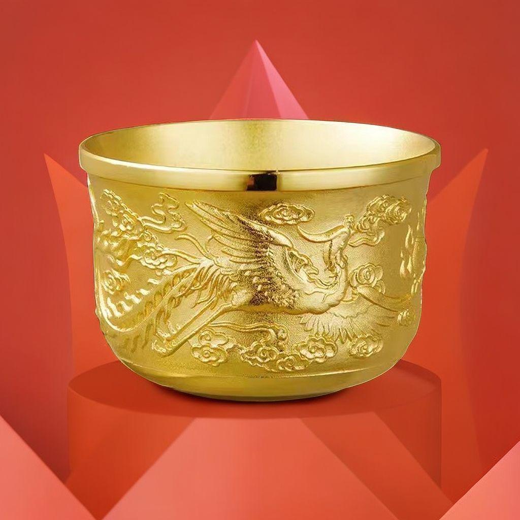 New Dragon Phoenix Golden Tea Cup - Gold Sand Carved Design, Perfect Gift for Elders