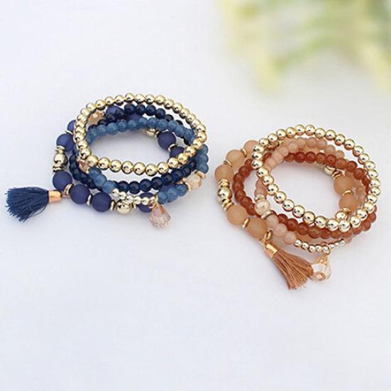 4Pcs/Set Women Ethnic Multilayer Resin Beads Tassels Cuff Bracelets Fashion Jewelry