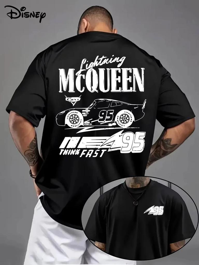 T-shirt Beige Oversize a Maniche Corte con Disegno dell'Auto da Corsa 95 Saetta McQueen di Disney Pixar Cars, Slogan "Think Fast" e Numero 95 Saetta