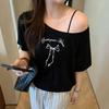 Korean Ins Bow Design White Slanted Shoulder Off-shoulder Short-sleeved T-shirt Women's Summer New Casual Loose Top