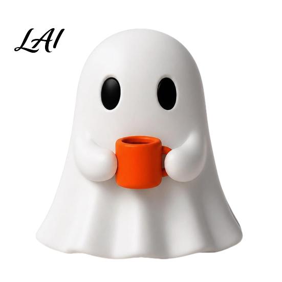 Modern Home Accents Ghost Drinking Coffee Figurine 3D Printed Cute White Holding A Mug Fall Seasonal Decor Statue Spooky Halloween Decoration