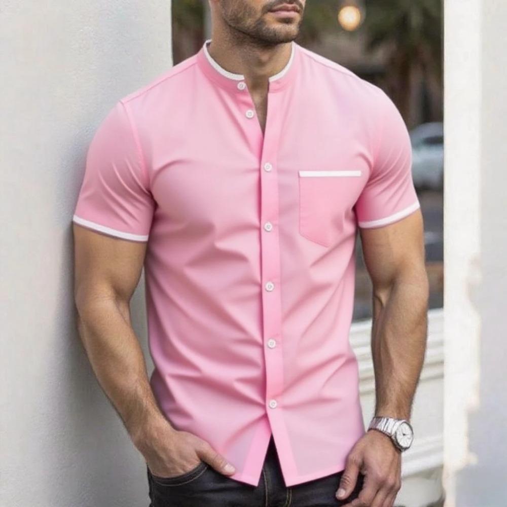 New Men Summer Short Sleeve Fashion Stand Collar Shirt Men Pure Color Casual Shirt