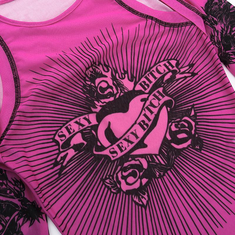 Tuta da donna a maniche lunghe con stampa hip-hop europea e americana, sexy da ragazza piccante, base, prospettiva irregolare, senso del design hollow-out