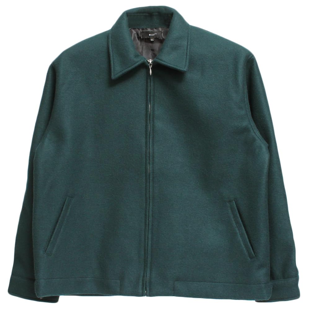 [One Colors] Faux Melton Jacket Men's Large Size Solid Color Collared Zip-Up Swing Top 3L Green