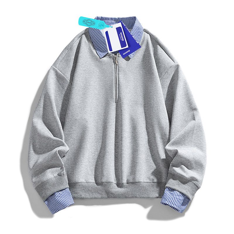 Wassup Retro Striped Patchwork Lapel Fake Two-Piece Sweatshirt for Women, Autumn Gray Loose Lazy Style American Top