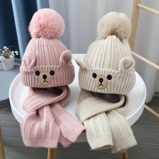 2Pcs/Set Children Hat Scarf Set Plush Ball Decor Bear Pattern Thickened Soft Touch Windproof Kids Knitting Hat Long Scarf Set