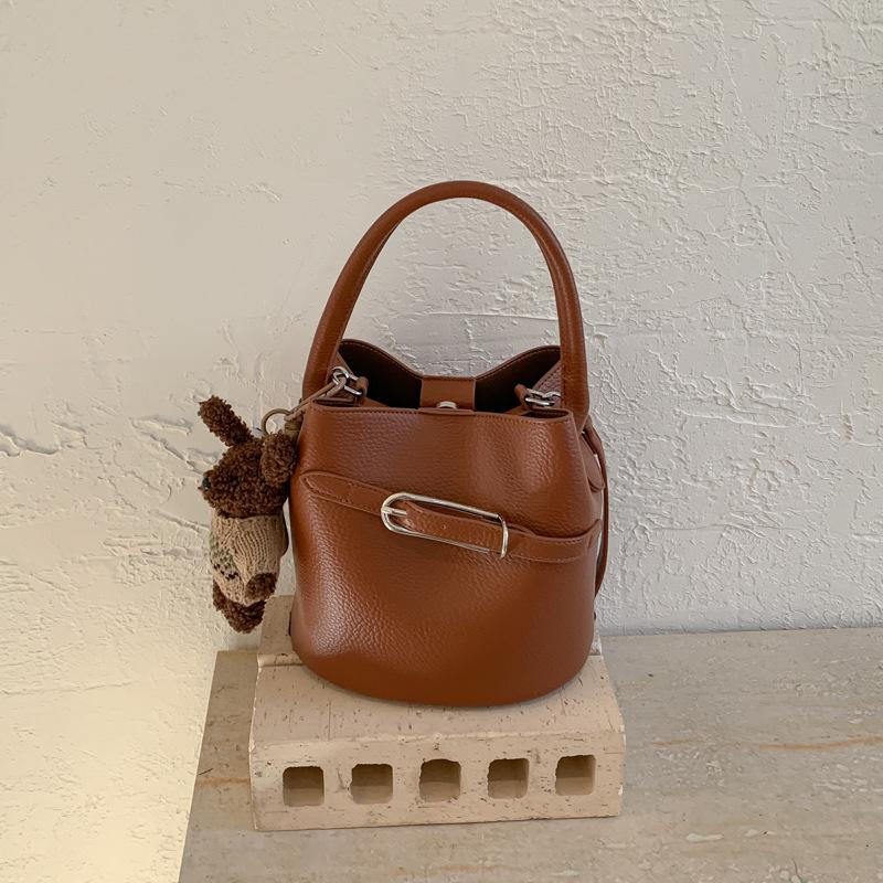 Litchi-pattern Handbag - Soft Leather Bucket Bag - Versatile Commuter Crossbody Bag