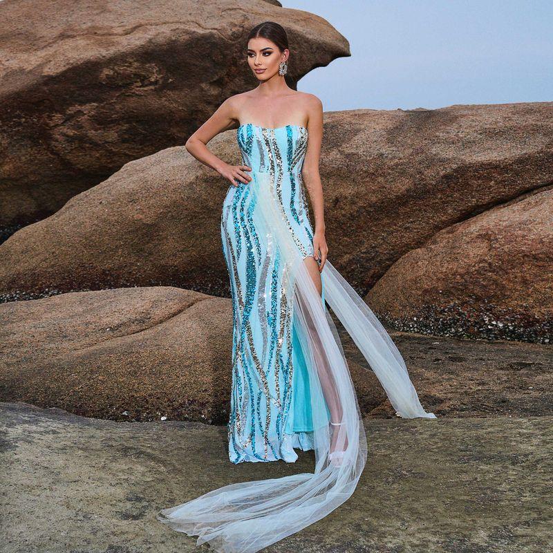 

Sequin Mermaid Evening Gown Wedding Birthday Prom Dress Light Blue S