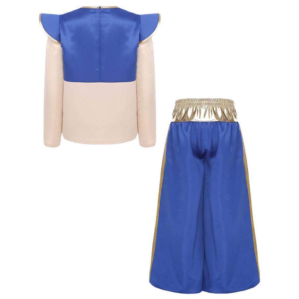 Boys Arabian Prince Costume Long Sleeve Fake Shirt Top Metallic Shiny Patchwork Contrast Color Harem Pants