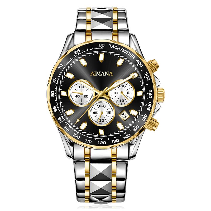 Men's Chronograph Quartz Watch Calendar Waterproof Luminous Stainless Steel Strap Luxury Wrist Watch for Men