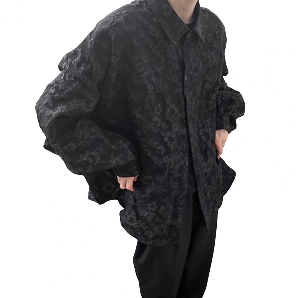 

Fall Spring Blouse Flower Rilievo Button-down Turn-down Collar Cardigan Long Sleeves Cardigan Comfortable Fit Mid Length Dark Style Daily W M чорний