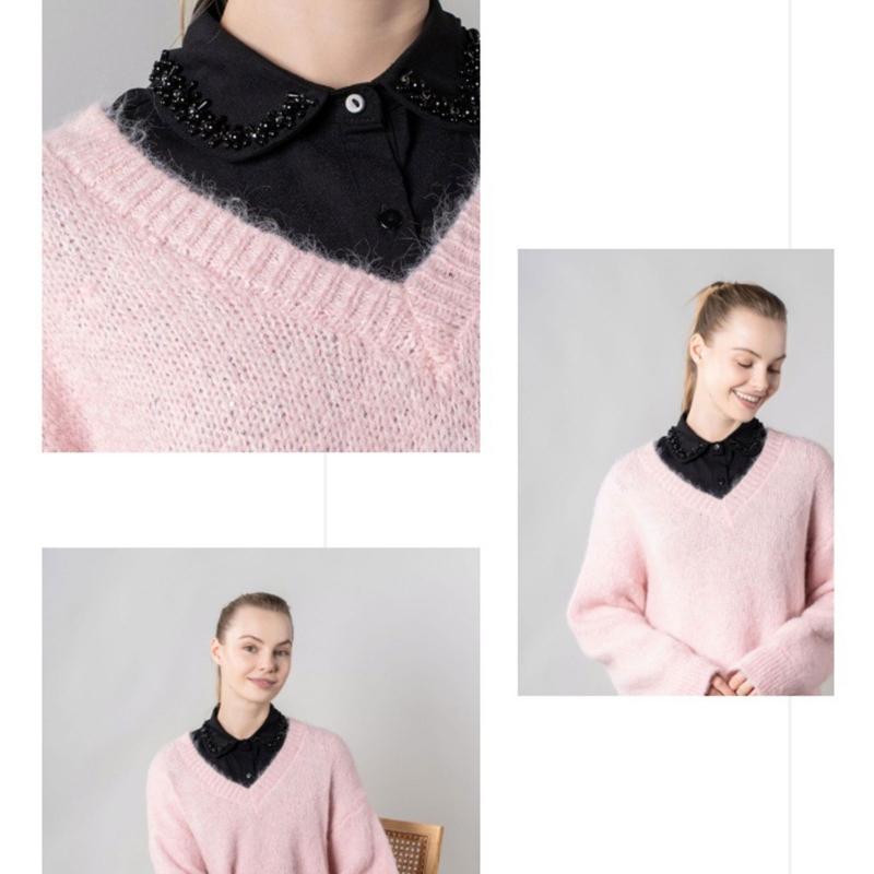 Comfortable Polyester Detachable Collar for Women Faux Pearls and Bead Removable Button Lightweight False Collar Shirt