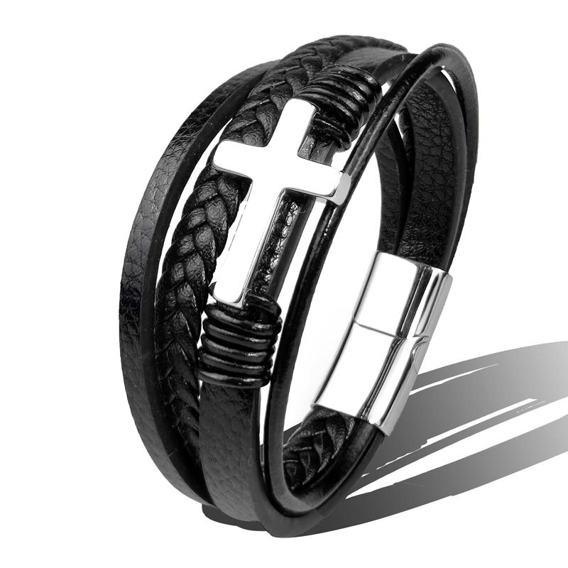 Charm Stainless Steel Leather Cross  Brown/black Bracelet Men Hiphop Jewelry Magnetic Clasp Mutilayer Male Cuff Wrap Bangle Gift