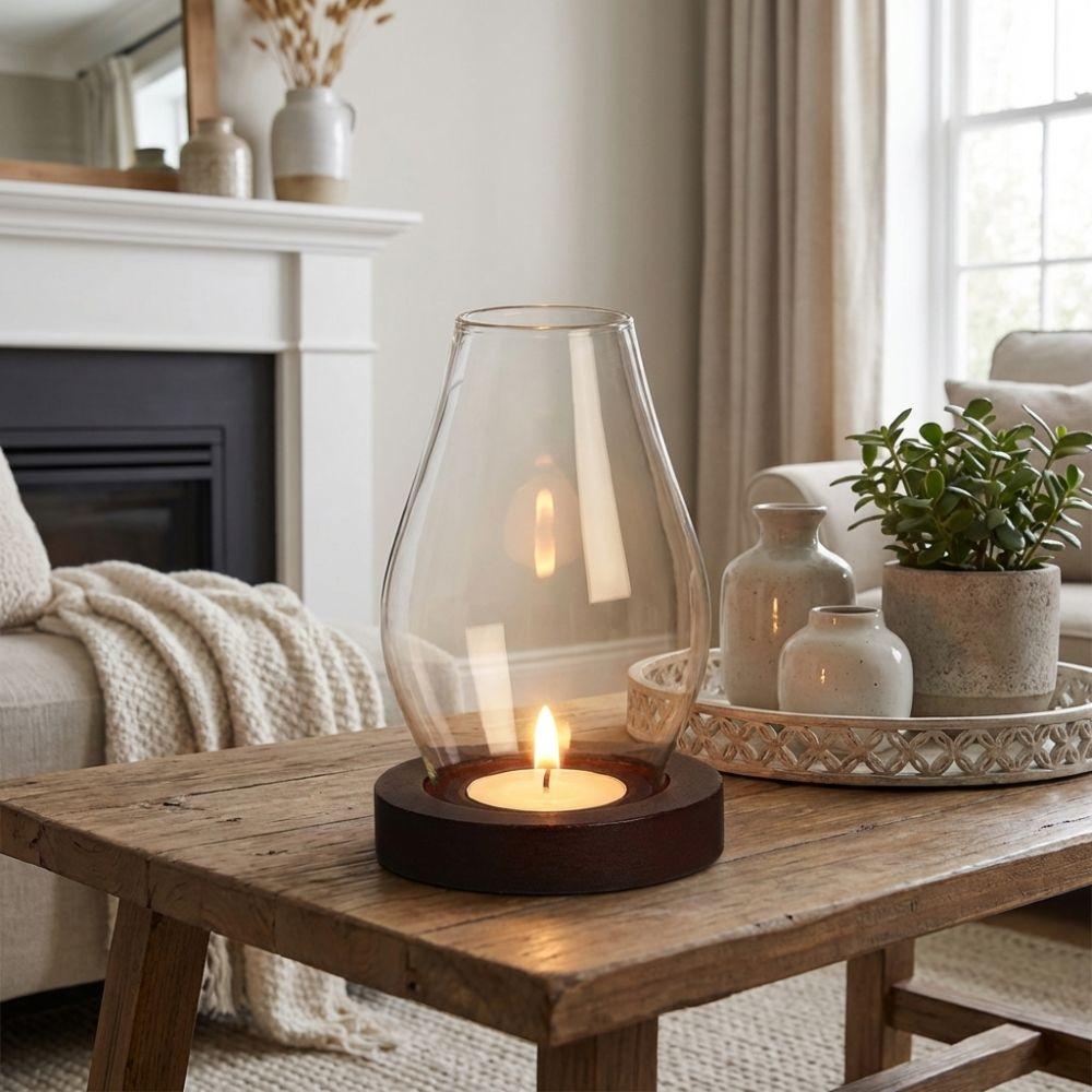 Windproof Tealight Cup Solid Wood Base Incenses Stove Lamp Unique Glass Candle Holder  Zen Ambiance