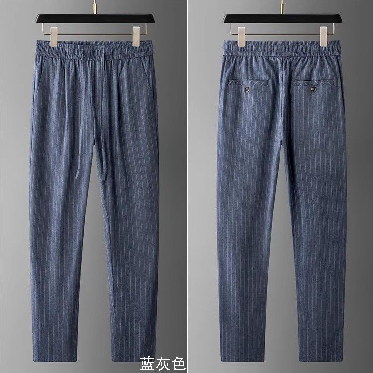 Letnie Cienkie Spodnie Sportowe w Pionowe Paski Spodnie z Prostą Nogawką Męskie Spodnie Codzienne ze Sznurkiem Spodnie Codzienne Wielofunkcyjne