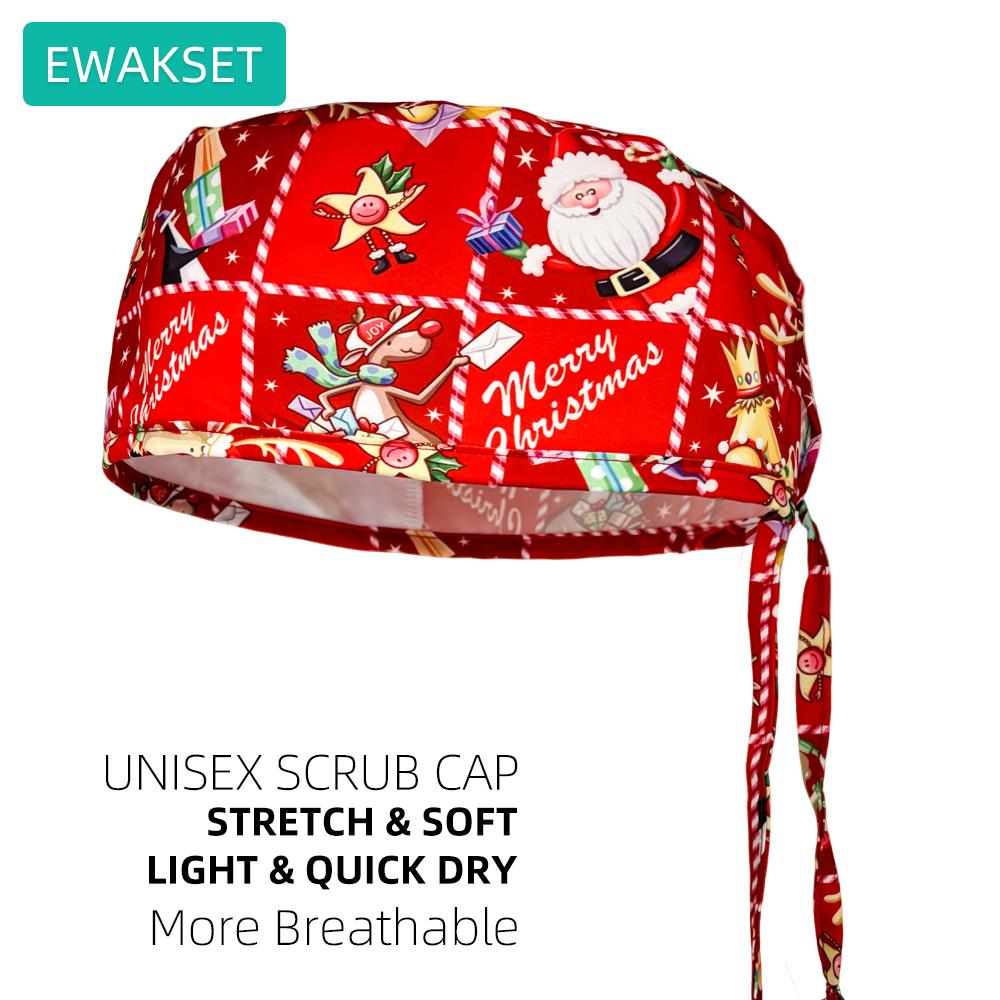 Christmas Scrub Cap Fast Dry Micro Elastic Surgical Hat Santa Claus Snowman Reindeer Printed Nurse Doctor Working Cap Gift for Medics