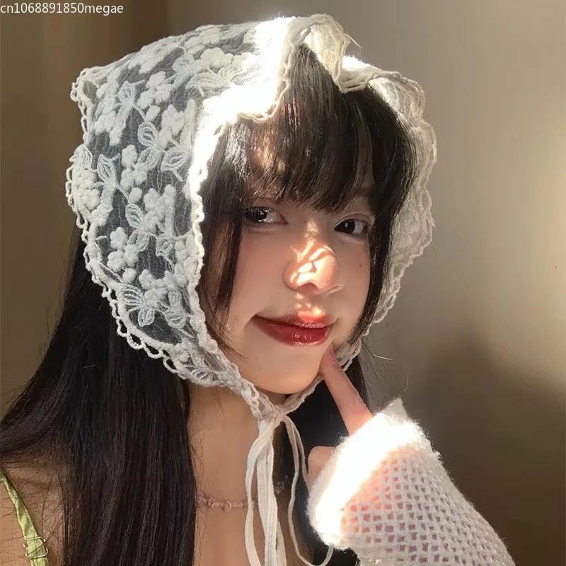 Summer White Woven Floral Lace Hair Scarf Wraps Women Retro Triangle Headscarf Hat Travel Photo Headband Hair Accessories