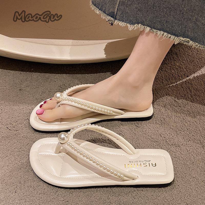 Fashion Women's Beach Sandals Flat Bottom Anti-Slip Fashion Summer Soft PU Flip-Flops Pearl Beaded Comfortable Shoes Sandalias De Mujer