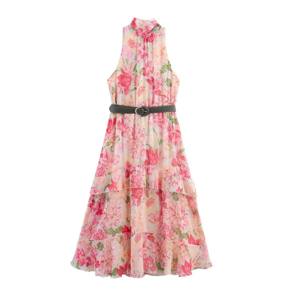 Women's clothing spring and summer new European and American fashion temperament with belt laminated decorative printed dress