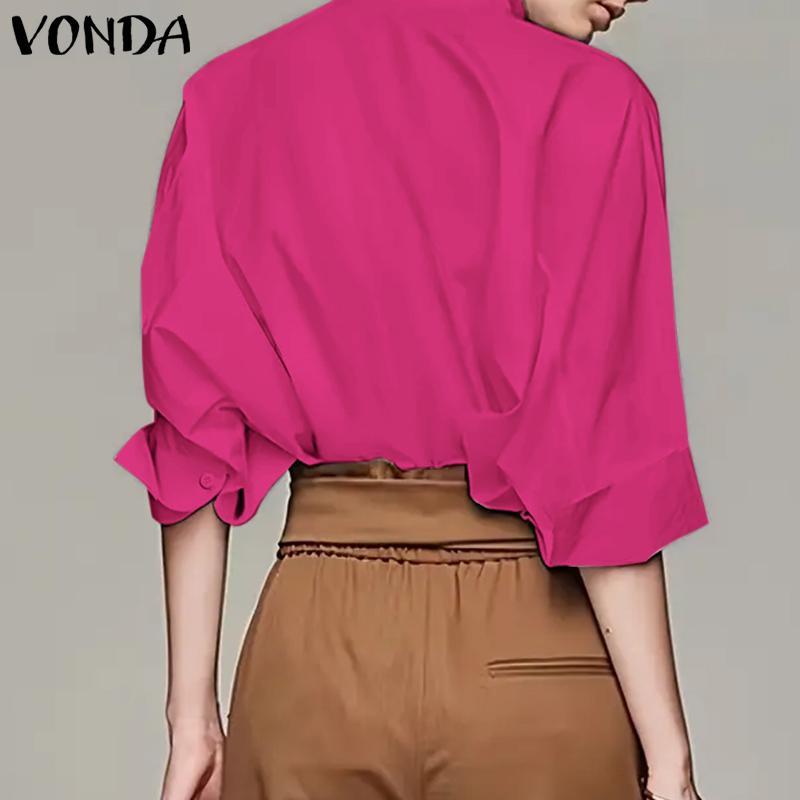 VONDA Женская модная однотонная рубашка со средним рукавом и пуговицами 5XL розовый — фото 4