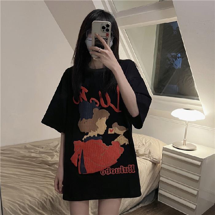 

Cotton Printed Shoulder Women s T-Shirt Short Sleeve Summer Sweet and Spicy Unique Chic Top Large Size Trendy Brand 2025 S чёрный