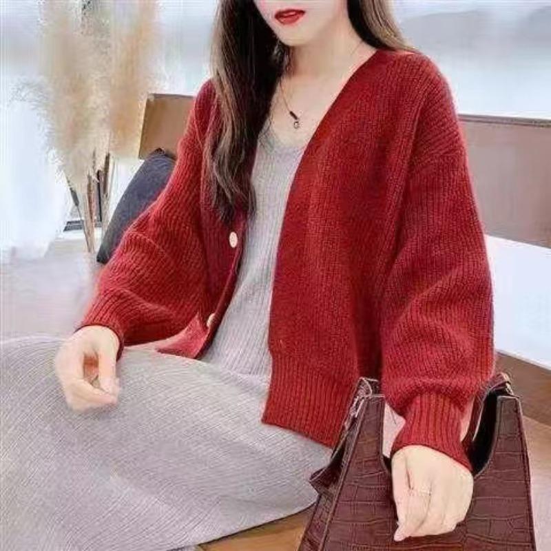 WTEMPO Autumn and Winter Women's V-neck Long Sleeved Cardigan Knitted Jacket Sweater Loose Outer Style Top