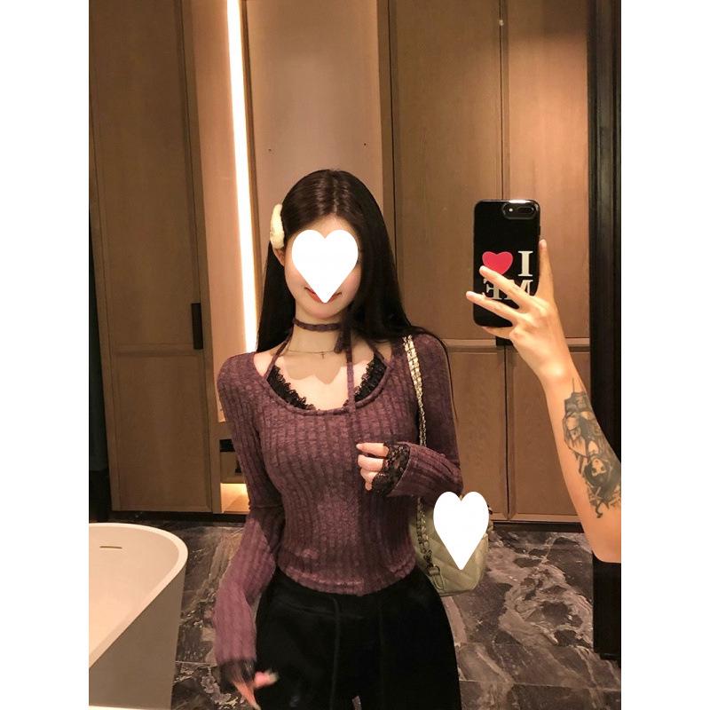 Women's Purple Slim Fit Halter Neck Lace Patchwork Two-Piece Look Long Sleeve Top