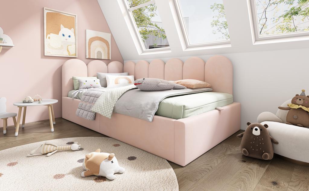 Letto Divano Imbottito 90x190 cm, Divano Letto con Contenitore Idraulico, Letto per Bambini con Rete a Doghe in Metallo, Velluto, Rosa, senza Materasso