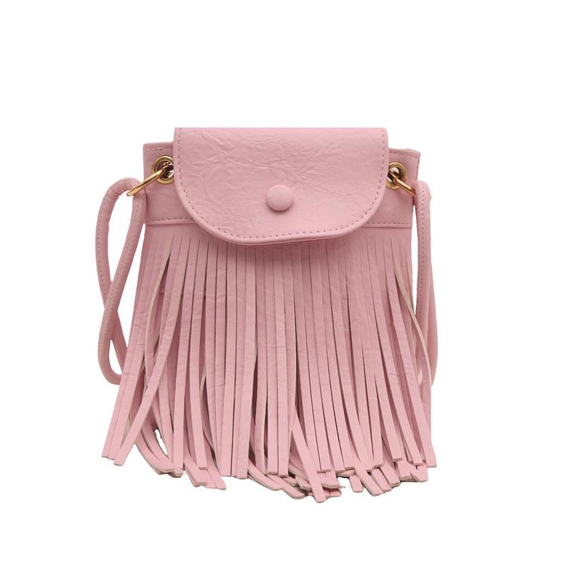 Color Tassel Solid Vintage Pu Water Bucket Handbag Fringe Details Women Fashion
