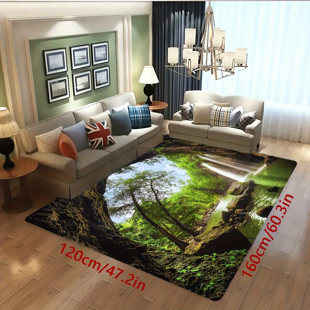 Forest Waterfall Rug for Nature Lovers - Serene Landscape Carpet, Eco-Friendly Home Decor Anti slip carpet can be machine washed