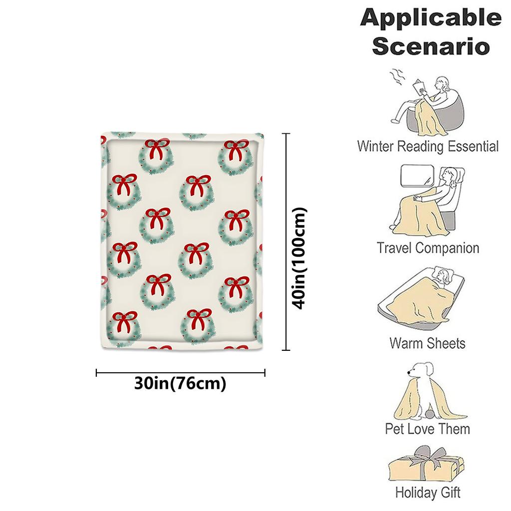 1pc Cozy Flannel Blanket 280gsm - Plush Wreath & Bow Green Grey Olive Green with Red Bow - Large Soft Bedspread for Couch, Sofa,