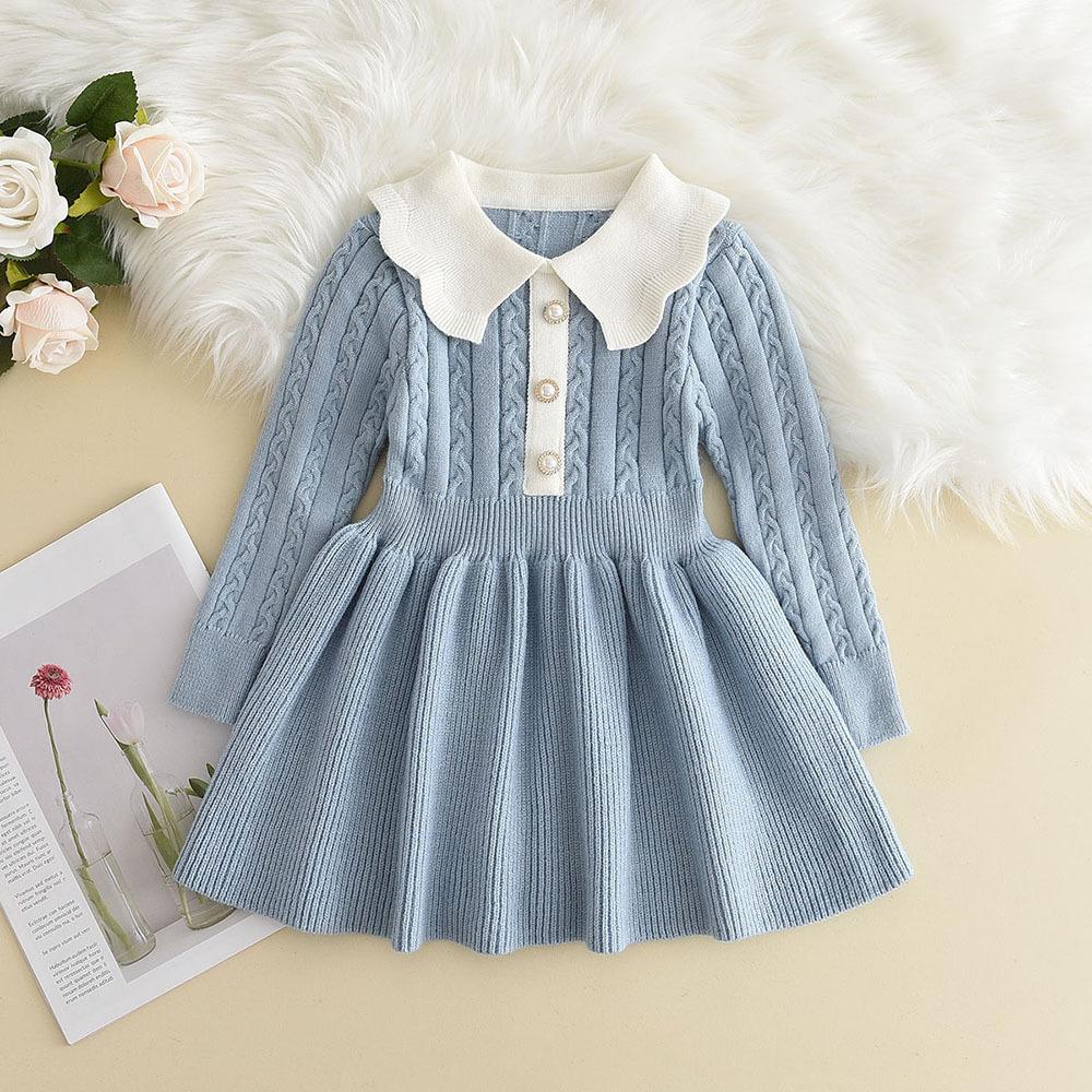 Girls Sweater Dress Winter New Korean Style Fashionable Solid Color Little Girl Knitted Long Sleeve Princess Dress