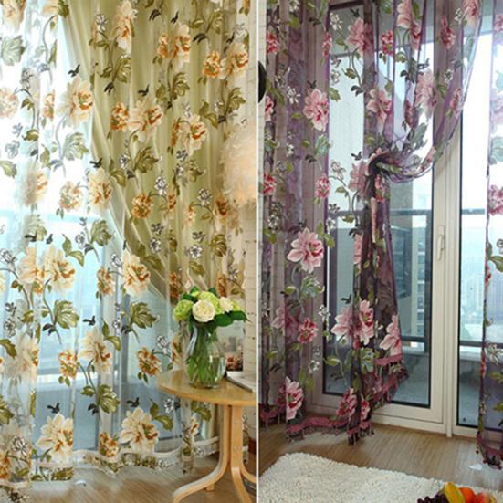 Embroidered Peony Window Room Divider Curtain Line Hanging On Rod Door Valance