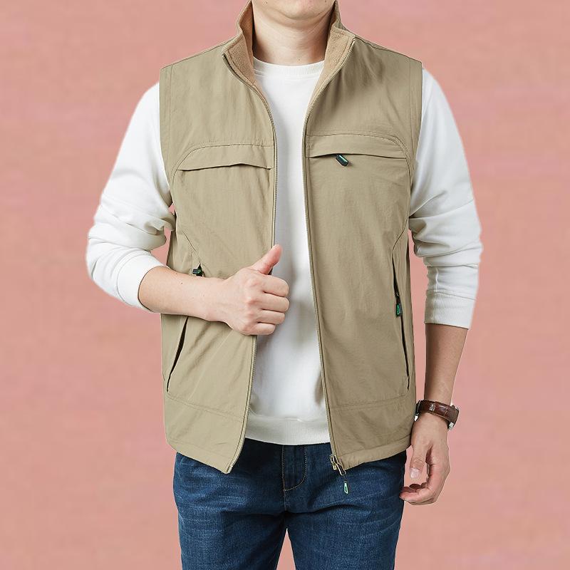 Men's Casual Vest with Velvet Warm Double-sided Wear Autumn New Standing Collar Middle-aged and Young Workhorse Clip Top Coat
