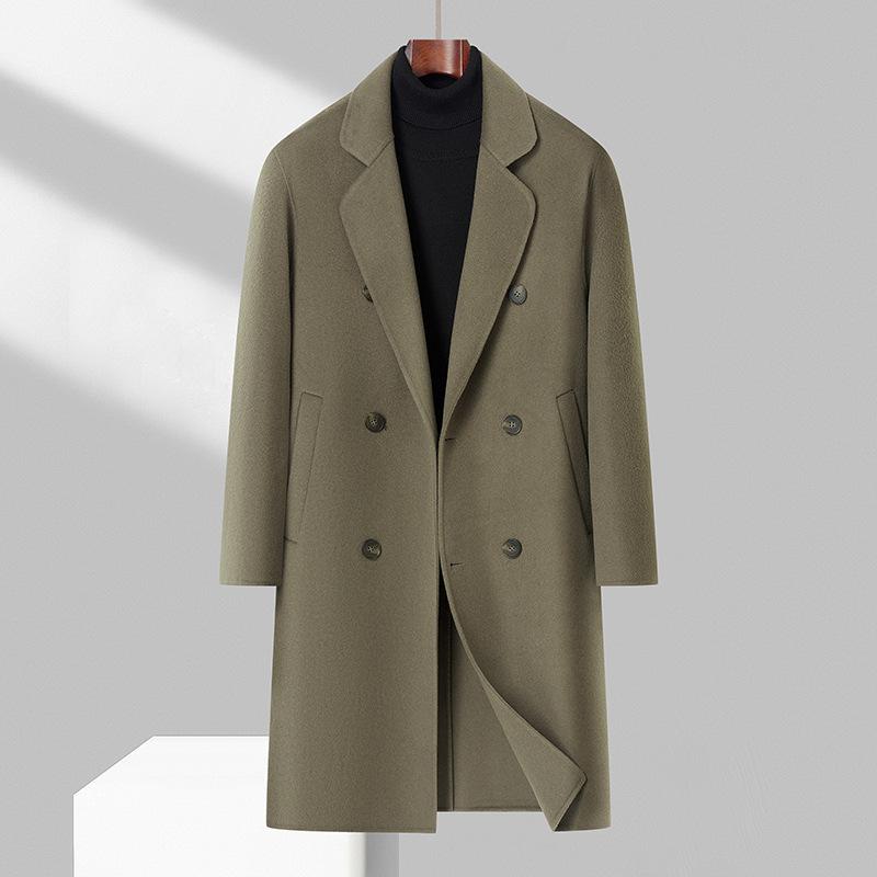 Autumn and Winter Men's Double-sided Woolen Coat Double-breasted Long Suit Collar Youth Solid Color Light Luxury
