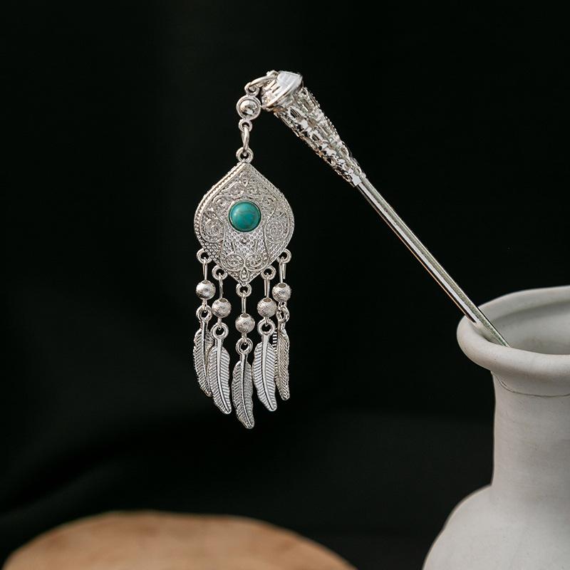 New Chinese Style National Tide Hairpin Minority Wind Hanfu Court Shaking Turquoise Hollow Flowers Tassel Hairpin