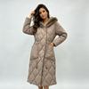 Womens Hooded Mid-Length Puffer Coat With Waist Cinching Rhombus Quilted Design Winter Warm Cotton-Padded Jacket