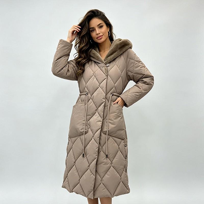 Womens Hooded Mid-Length Puffer Coat With Waist Cinching Rhombus Quilted Design Winter Warm Cotton-Padded Jacket
