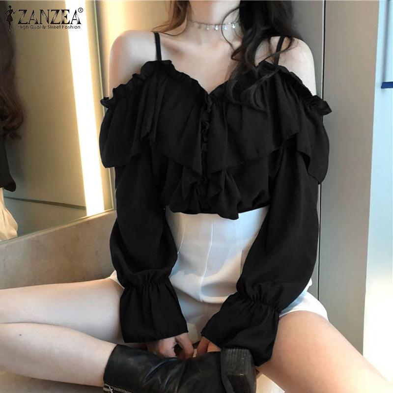 

ZANZEA Женская блузка с длинными рукавами на тонких бретельках и оборками на плечах