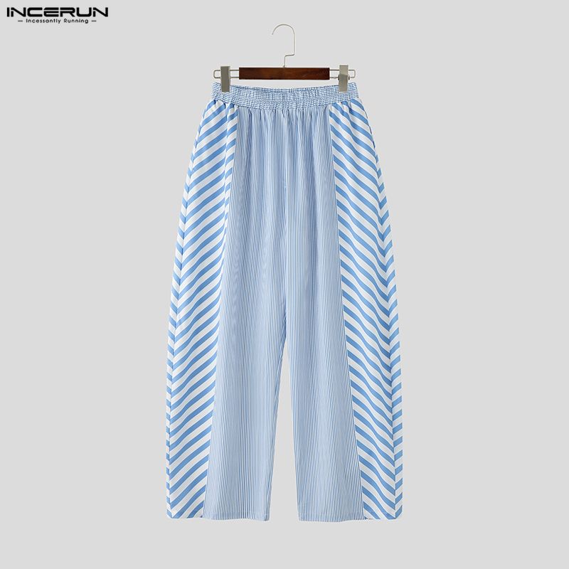 INCERUN 2 Stück Sommer Herren Kurzarm Gestreifte Nähte Hemden und Lange Hosen Übergroße Outfits Sets