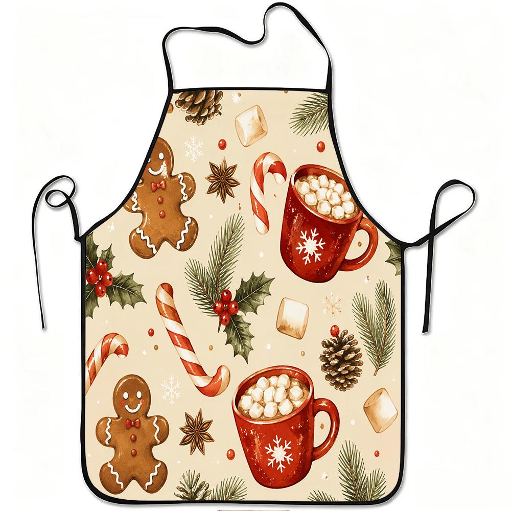 1pc Christmas Hot Cocoa Gingerbread Man Candy Cane Print Apron, Durable And Easy To Clean, Adjustable Waistband, Polyester Material, for Kitchen Cooki