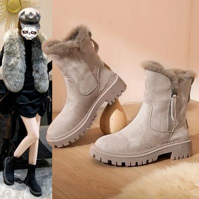 Vintage Thick Soled Warm Pu Leather Ankle Boots for Women Winter Fashion Non Slip Boot Woman Platform Plush Lace Up Cotton Shoes