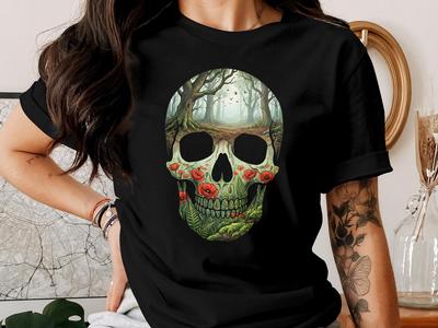Forest Skull Shirt, Dark Cottagecore Nature Tee, Goblincore Aesthetic Clothing, Botanical Poppy Flower Skeleton T-Shirt, Witchy Goth Gift