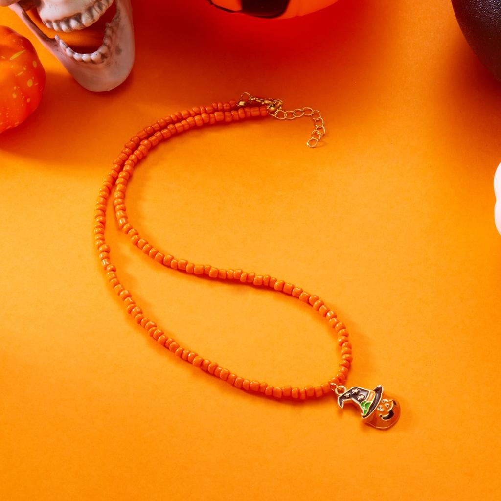 Halloween Kleidung Hexenhut Kürbis Anhänger Halskette Minimalistische Orange Reiskorn Perlenkette Choker Für Frauen Männer Gothic Party Schmuck